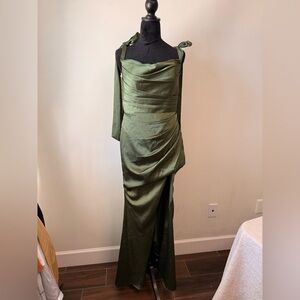 AW Bridal Olive Green Satin Evening Gown